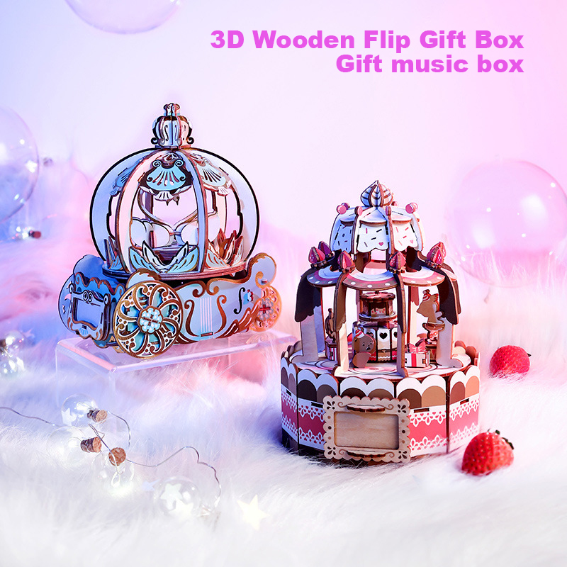 Music Box Wooden 3D Puzzle Rotating - TEAMGREEN Pumpkin Carriage 3D Wooden Puzzle