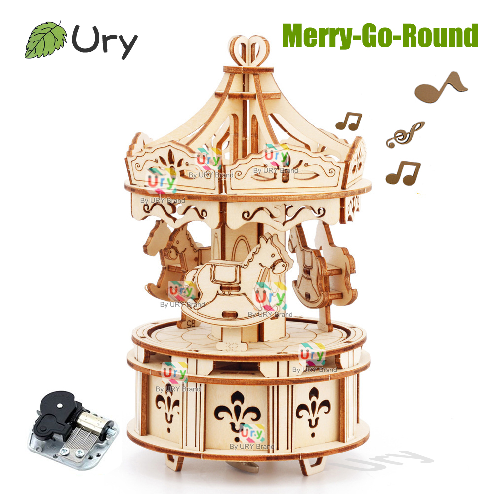 Rotatable DIY 3D Puzzles Carou - Music Box Wooden 3D Puzzle Rotating recension och pris