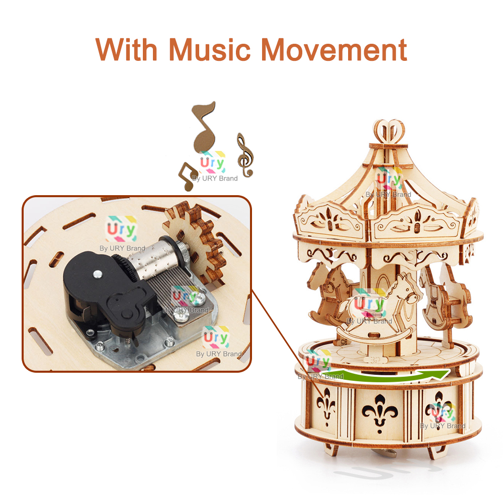 Rotatable DIY 3D Puzzles Carou - Music Box Wooden 3D Puzzle Rotating recension och pris