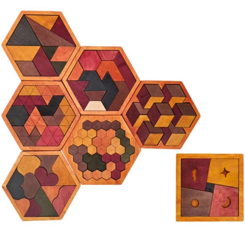 Wooden Hexagonal Tangram Puzzl - 3D Wooden Mechanical Puzzle Marble Run recension och pris